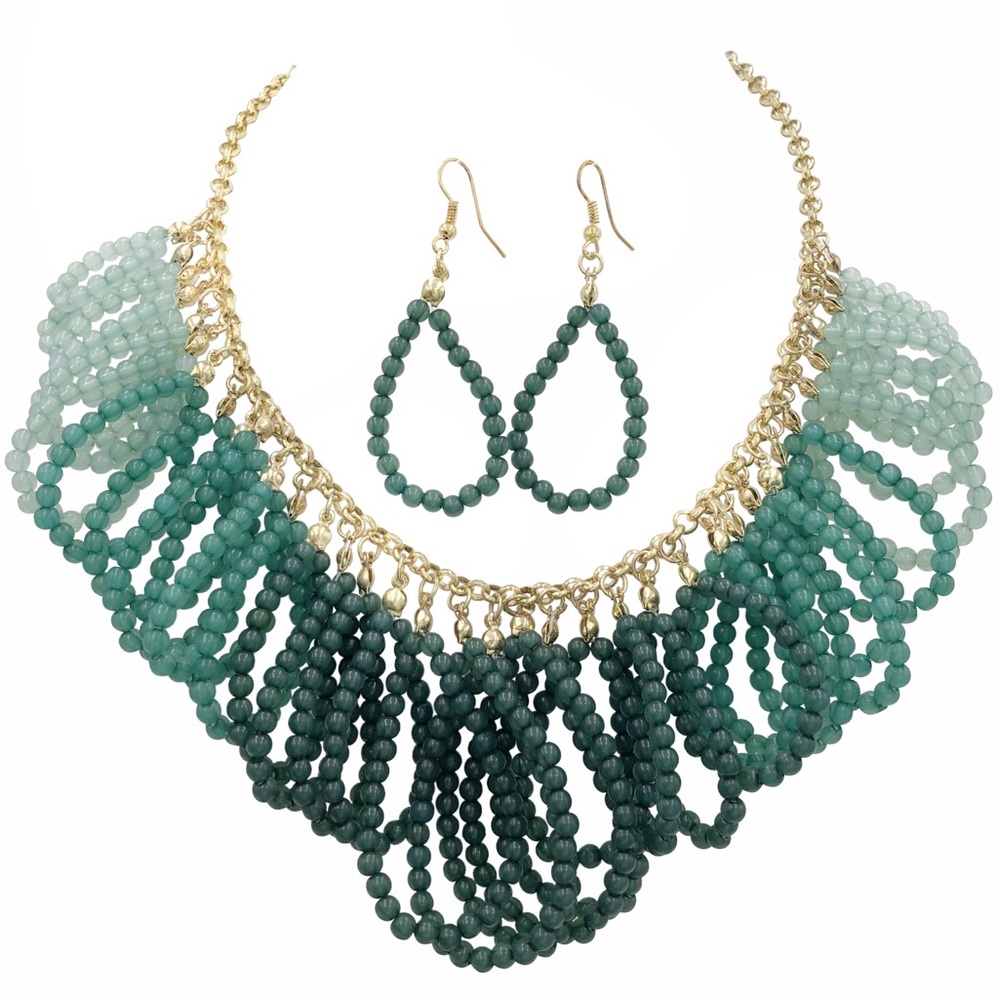 Green Ombré Bead Loop Chunky Necklace Earrings Set